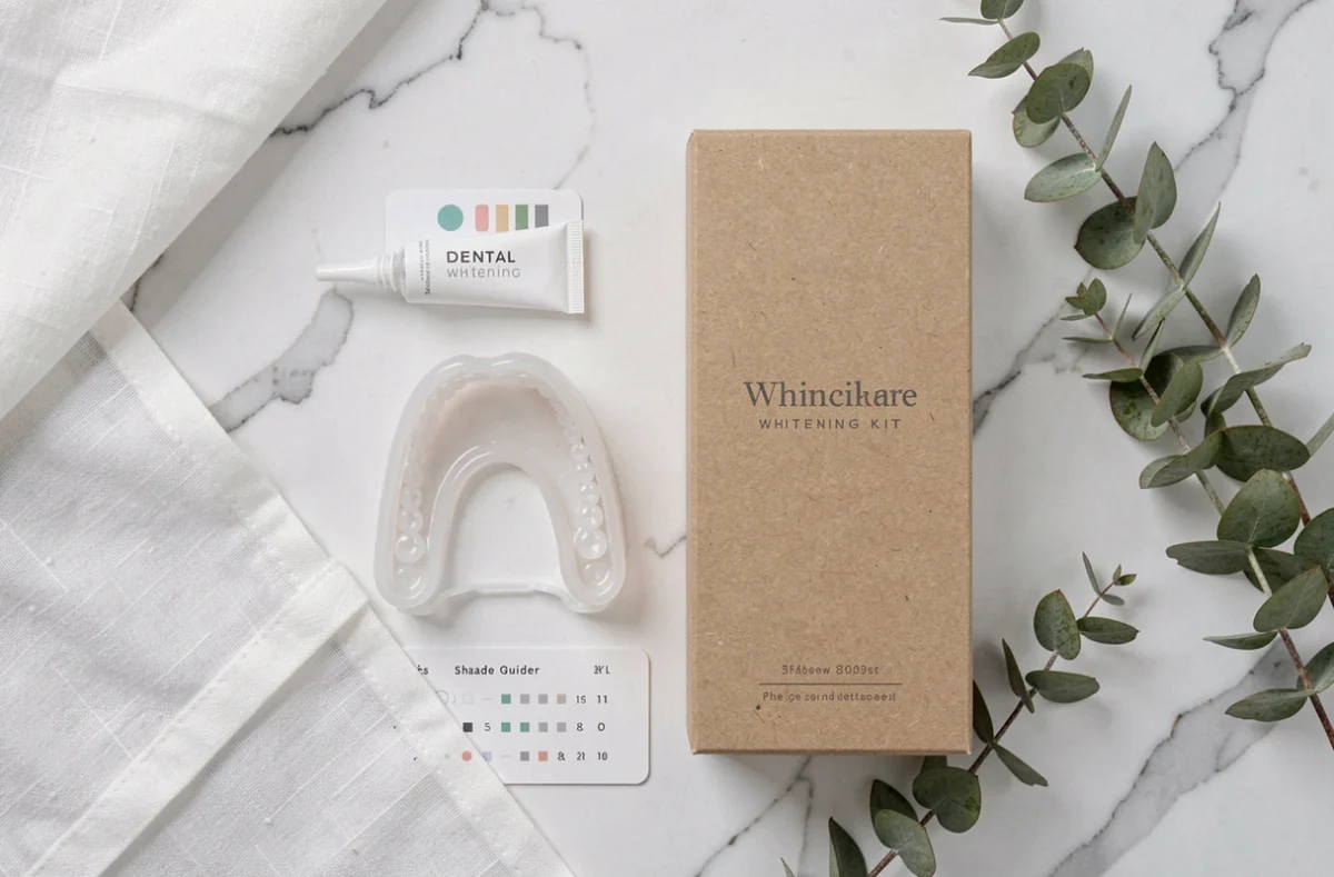 Flatlay produit du kit blanchiment dentaire Kristal Beauté sur marbre blanc avec décor naturel