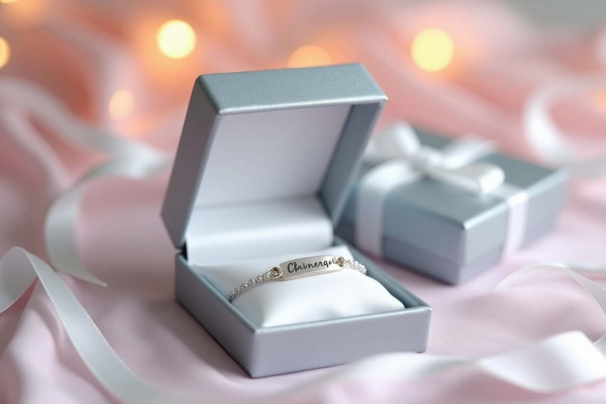 Gourmette personnalisée en argent avec une plaque gravée au prénom, posée sur un ruban de satin blanc dans un écrin cadeau gris argent ouvert