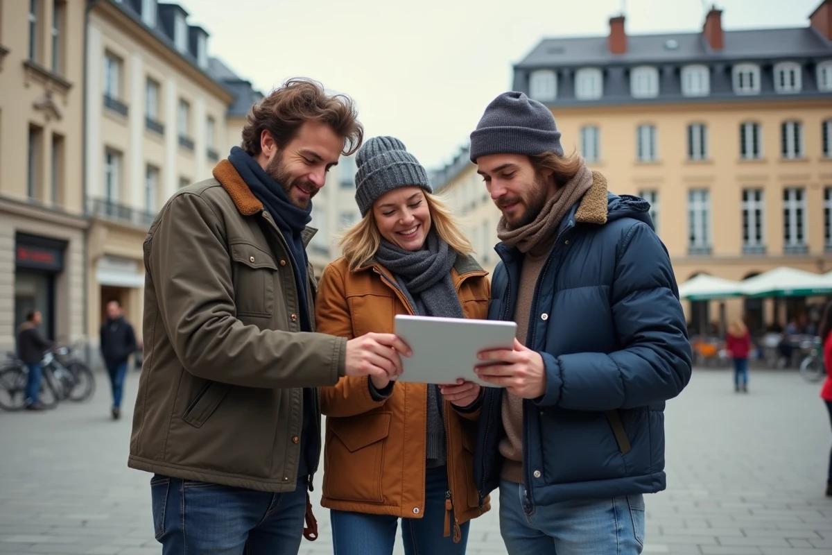 Groupe de personnes consultant les actualités régionales sur une tablette dans une place publique