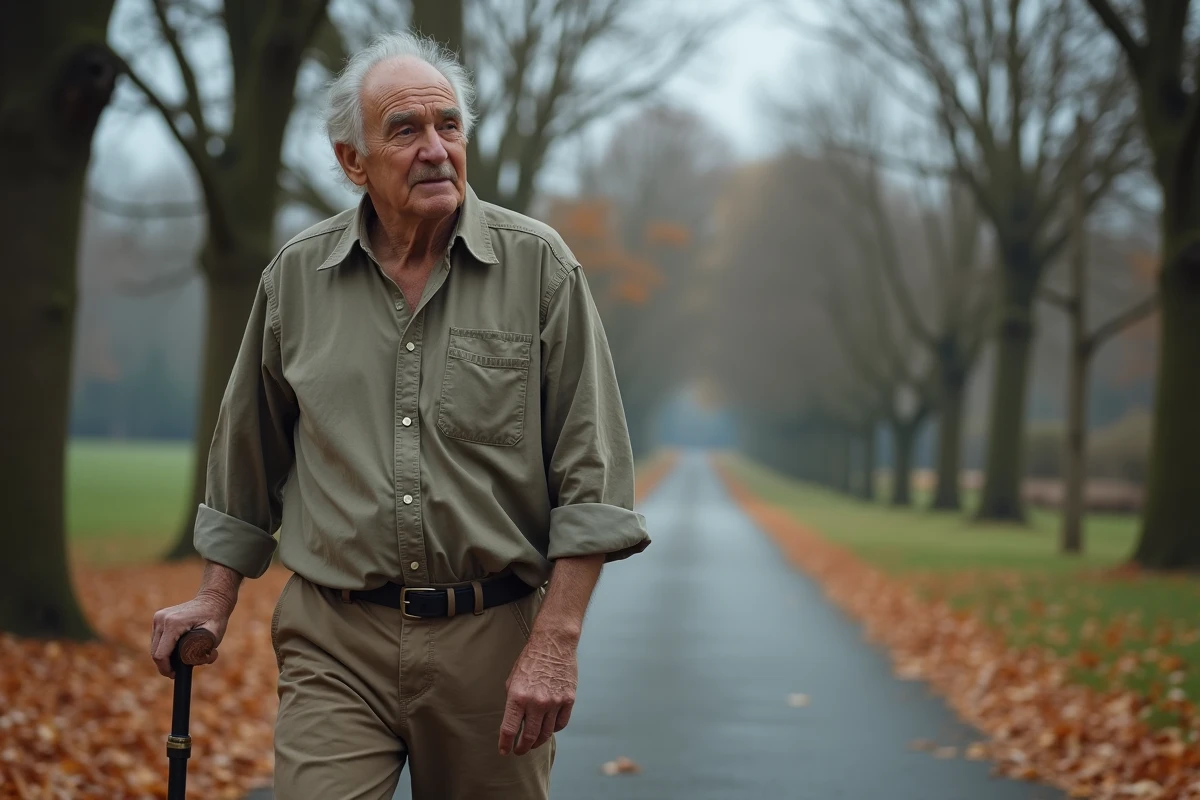 Homme âgé marchant avec une canne dans un parc en automne, représentant la perte de mobilité associée au syndrome de fragilité