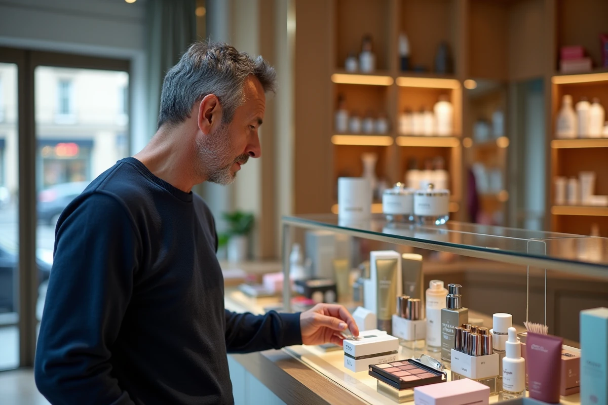 Homme examinant des produits de soin dans une boutique parisienne