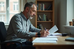 Homme avec bracelet électronique à la cheville consultant des documents juridiques sur le calcul de remise de peine