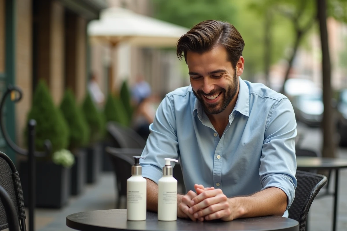 Homme lisant des etiquettes de produits cosmetiques en terrasse