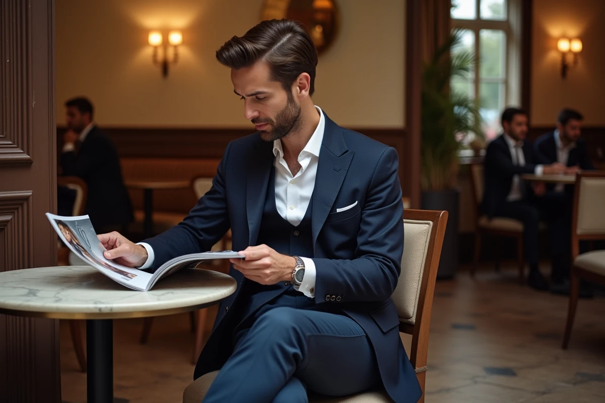 Homme en blazer navy lisant un magazine dans un café