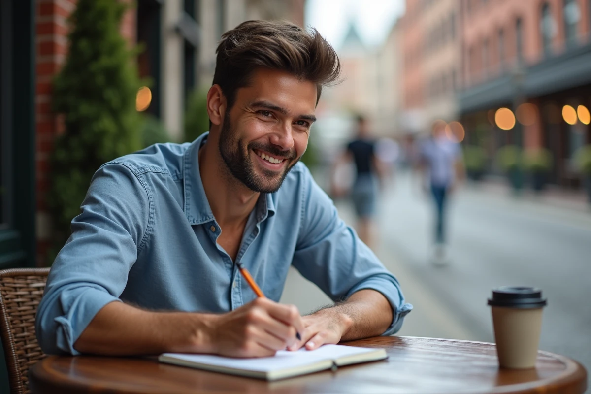 Homme écrivant dans un carnet en terrasse de café en ville