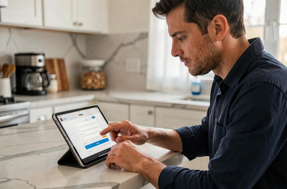 Homme utilisant une tablette pour se connecter à son espace client Logitelnet depuis sa cuisine