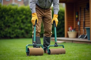Homme en vêtements de jardinage choisissant entre deux rouleaux de pelouse