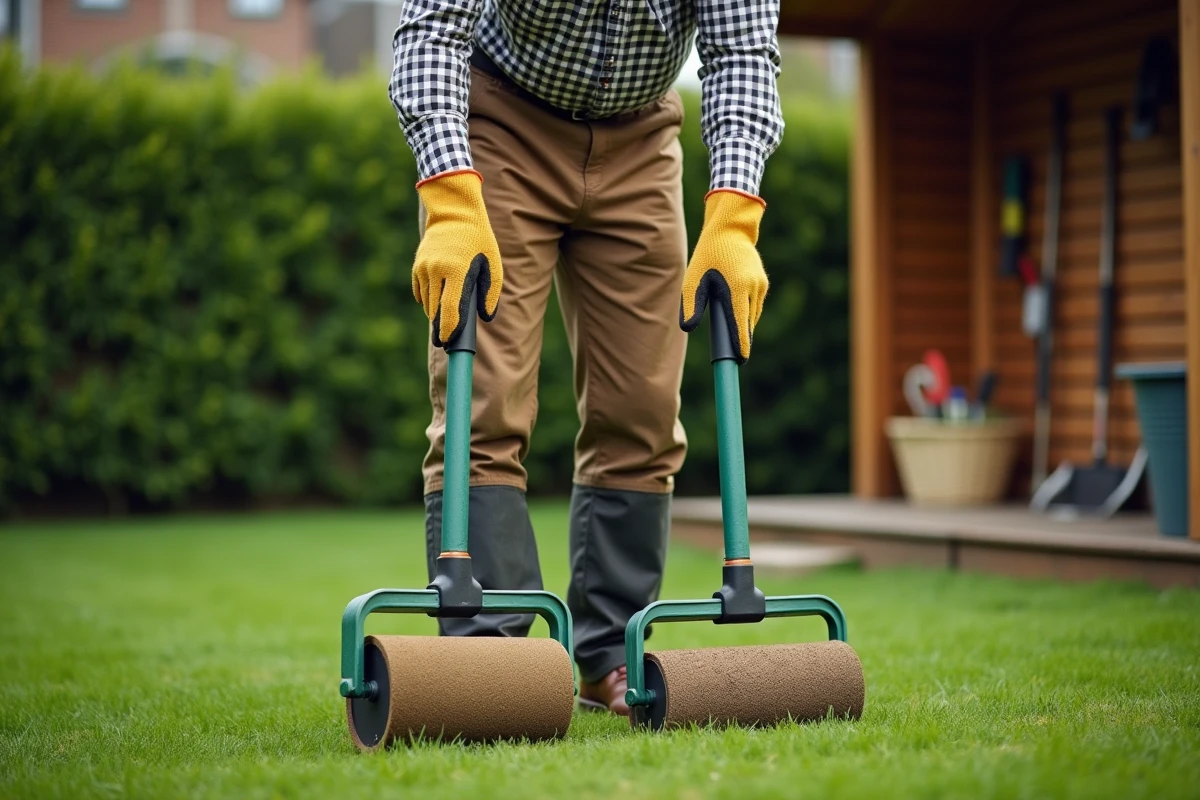 Homme en vêtements de jardinage choisissant entre deux rouleaux de pelouse