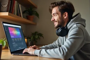 Jeune homme avec un casque audio naviguant sur une plateforme de sons en ligne depuis son bureau à domicile