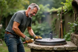Homme en jeans nettoyant un barbecue en pierre extérieur
