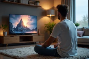 Homme détendu regardant la télévision dans un salon moderne