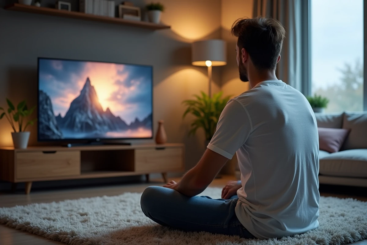 Homme détendu regardant la télévision dans un salon moderne