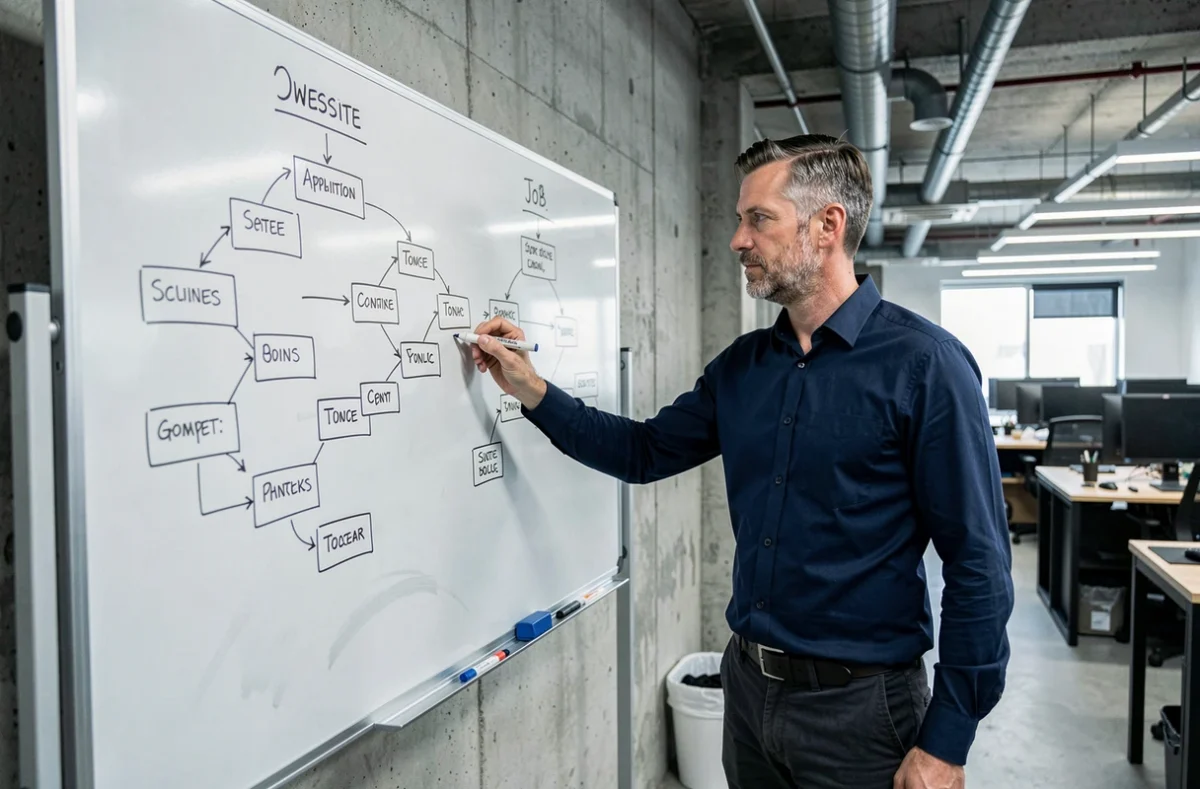 Homme présentant un plan de site sur tableau blanc dans un espace de coworking pour optimiser une recherche d'emploi