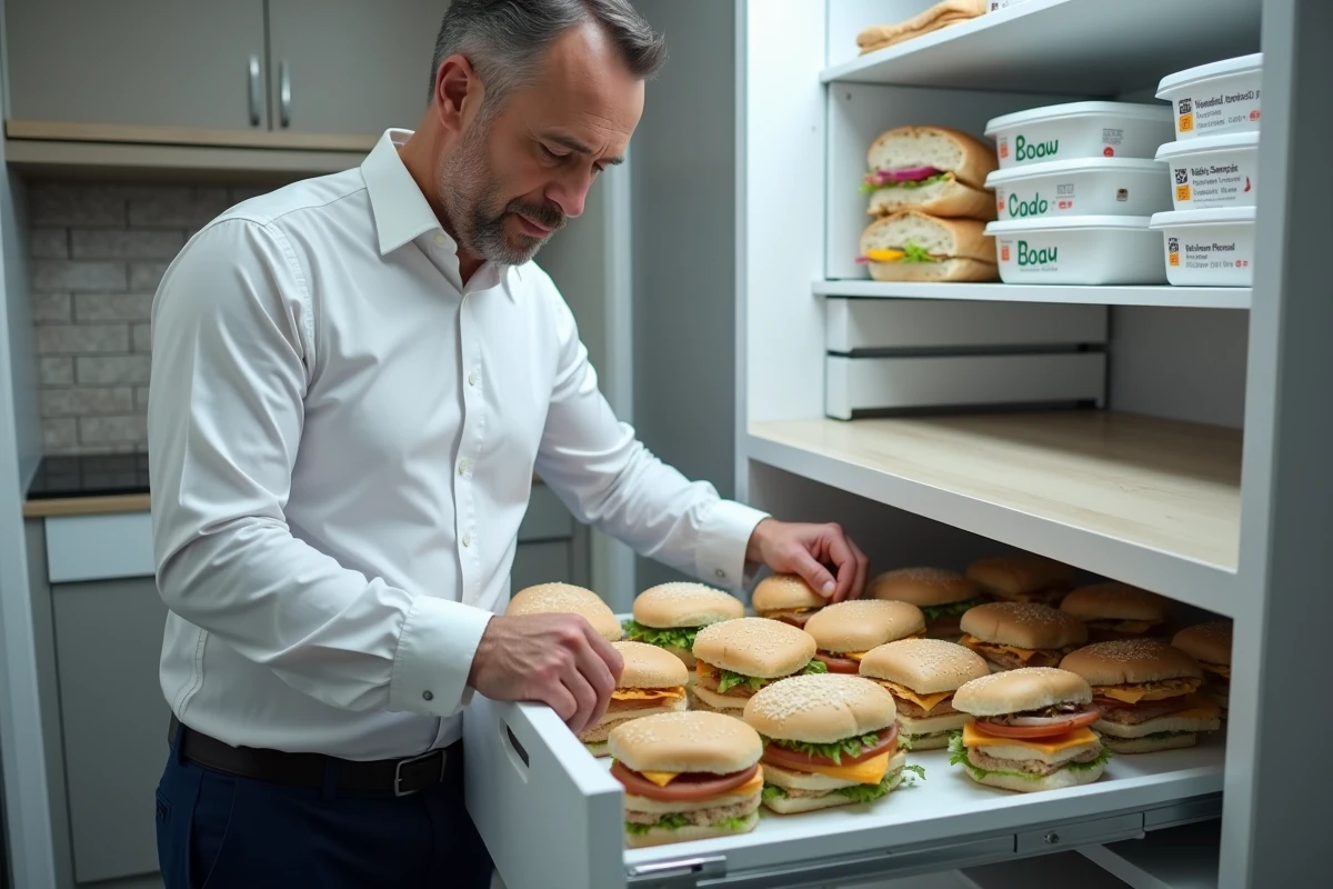 Homme professionnel vérifiant des sandwiches congelés dans un congélateur