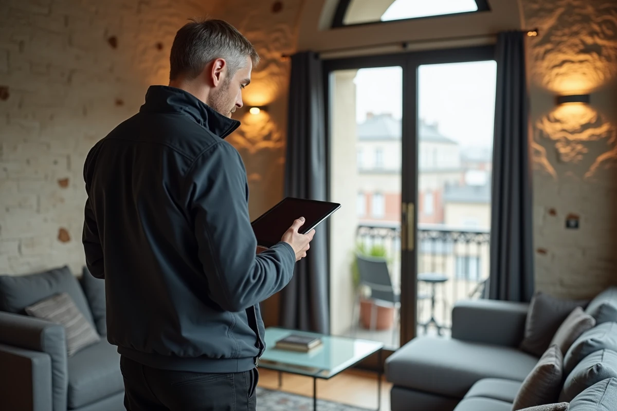 Inspecteur vérifiant une fenêtre dans un appartement moderne à Rennes