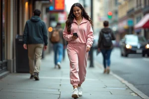 Jeune femme en mode 2000s dans la ville dynamique
