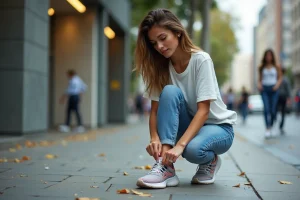Jeune femme urbaine en jeans et t-shirt noue ses sneakers colorés