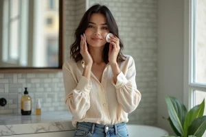 Jeune femme appliquant un serum dans une salle de bain parisienne