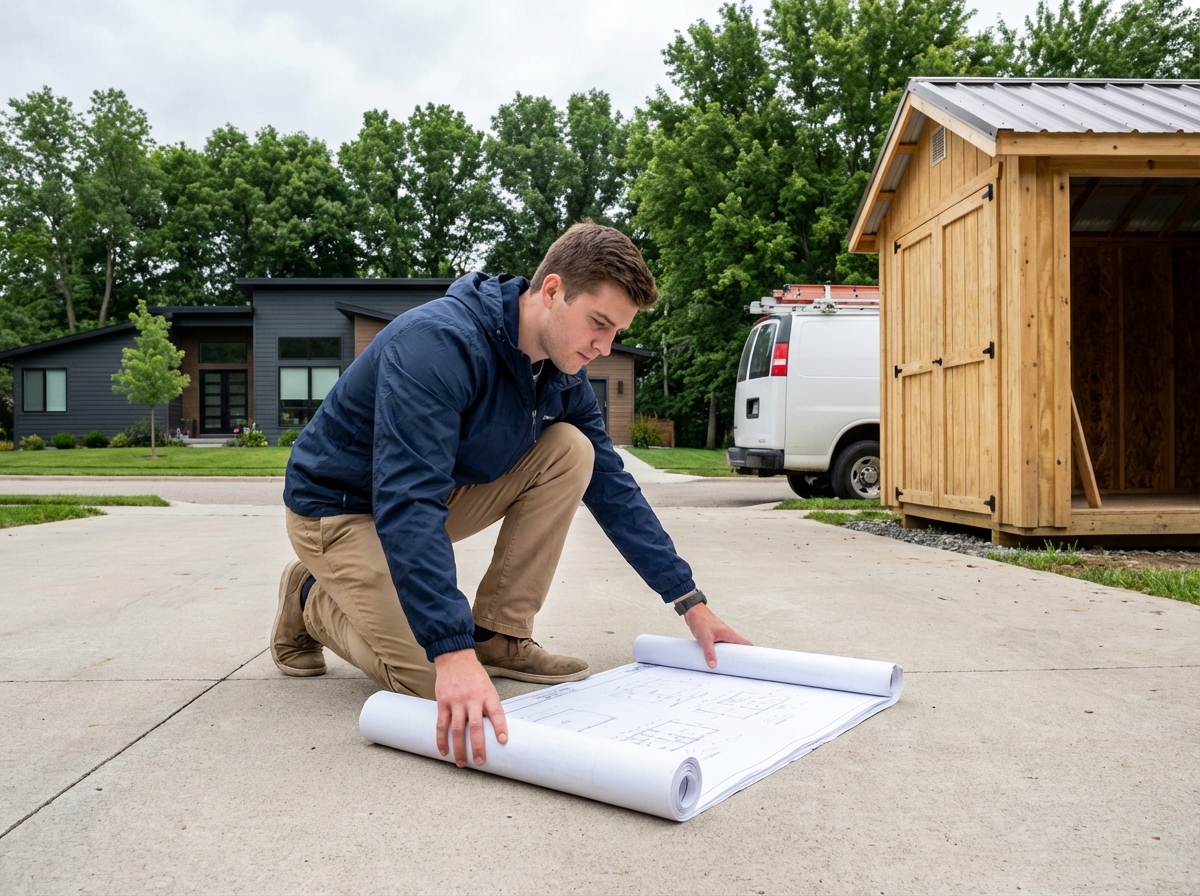 Jeune homme déployant des plans architecturaux dans la cour