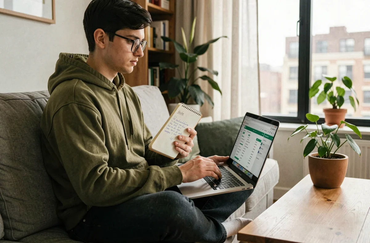 Jeune personne naviguant sur un plan de site d'offres d'emploi depuis son canapé avec un carnet de notes