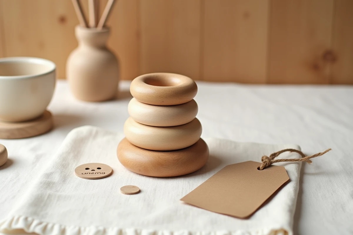 Jouet artisanal en bois certifié représentant des anneaux empilables en bois naturel poli sur une surface en lin blanc avec une étiquette cadeau en papier kraft