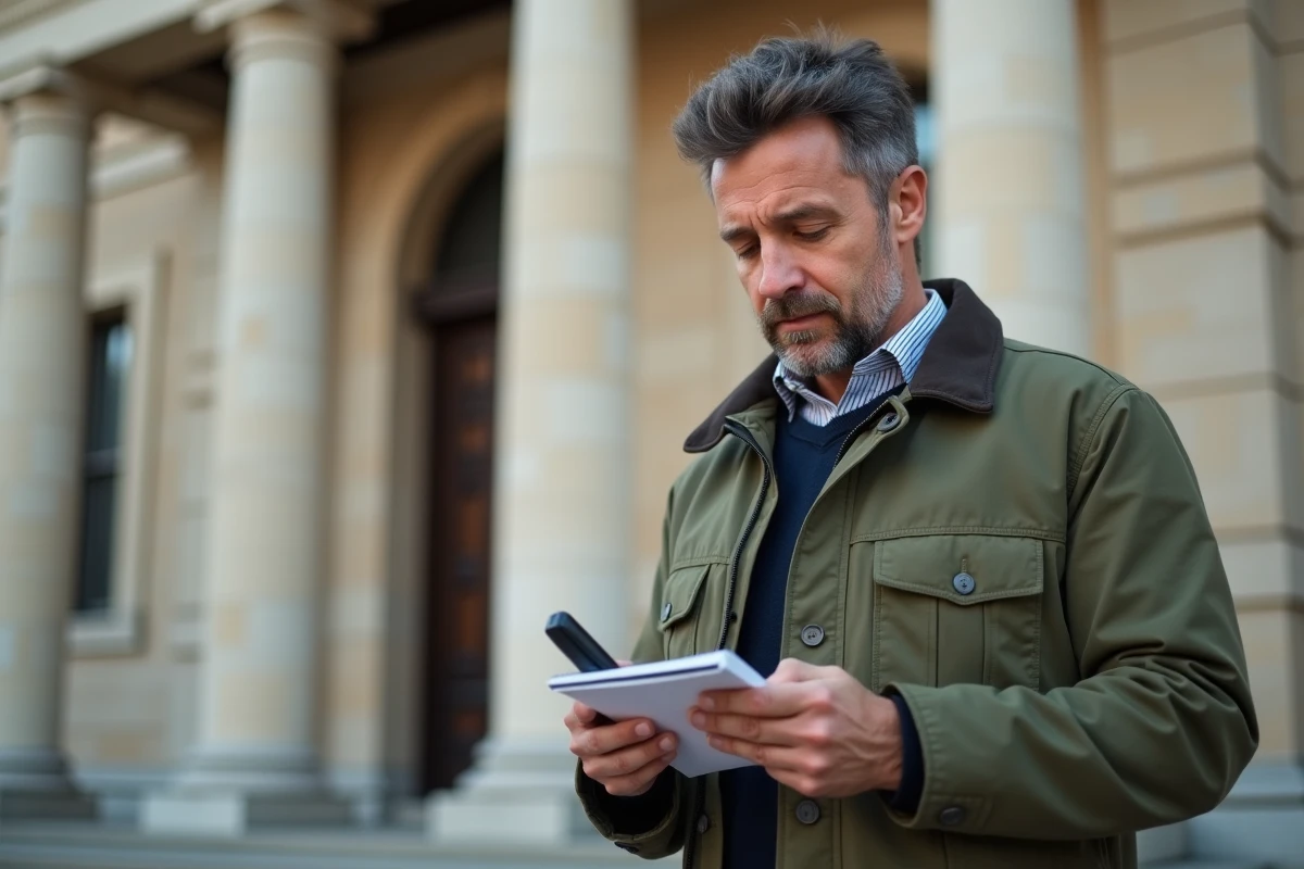 Journaliste prenant des notes devant un bâtiment institutionnel régional en France