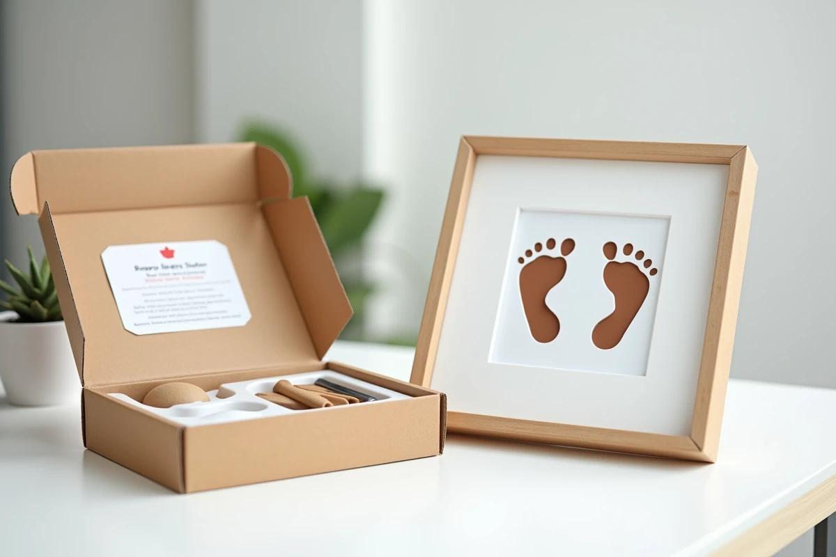Kit d'empreintes de mains et pieds de bébé présentant des empreintes en argile encadrées à côté de la boîte du kit ouverte avec les outils