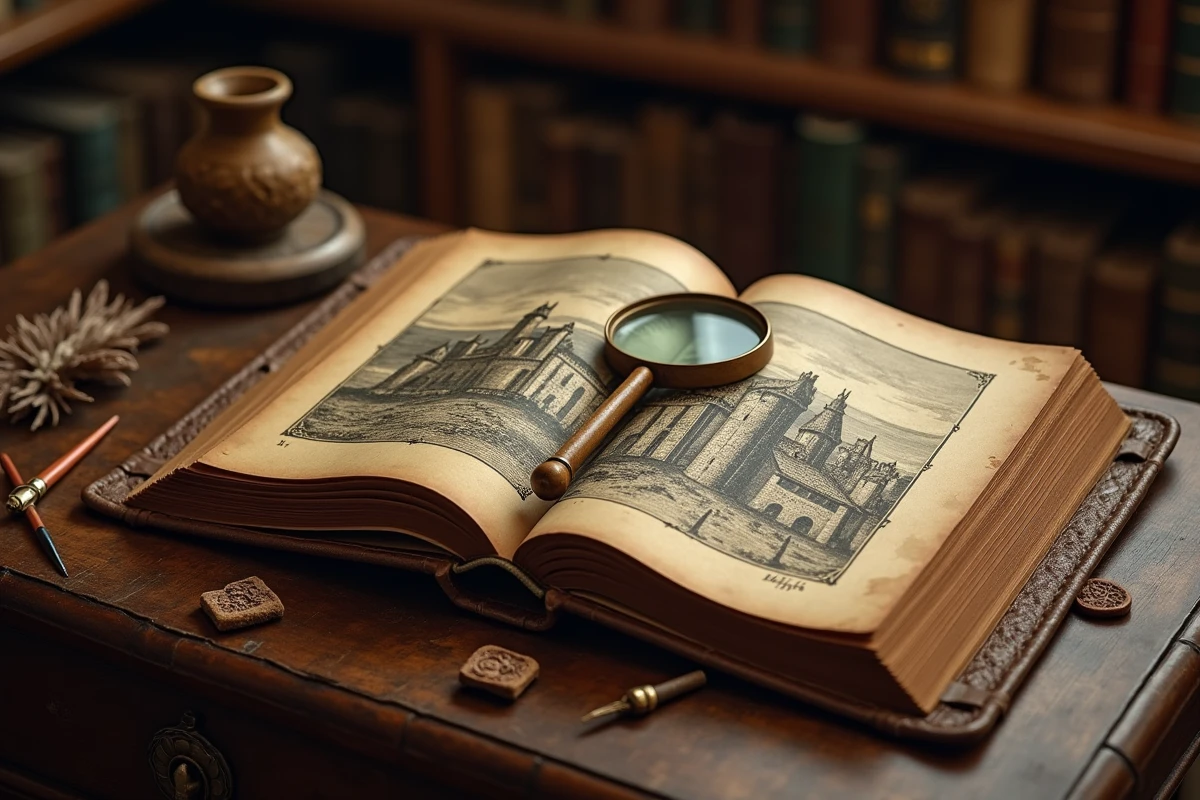 Livre ancien illustré ouvert sur une table en chêne avec loupe et plumes, représentant les illustrations du conte Barbe Bleue de Perrault