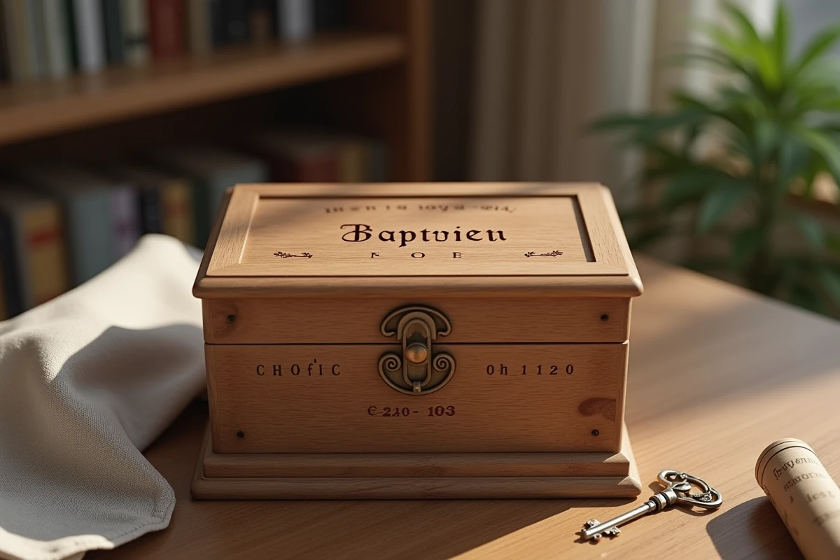 Malle à souvenirs en bois avec un prénom et une date de baptême gravés au laser sur le couvercle, accompagnée d'une petite clé vintage sur une table en bois