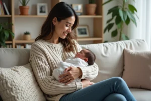 Femme souriante avec bébé dans un salon chaleureux