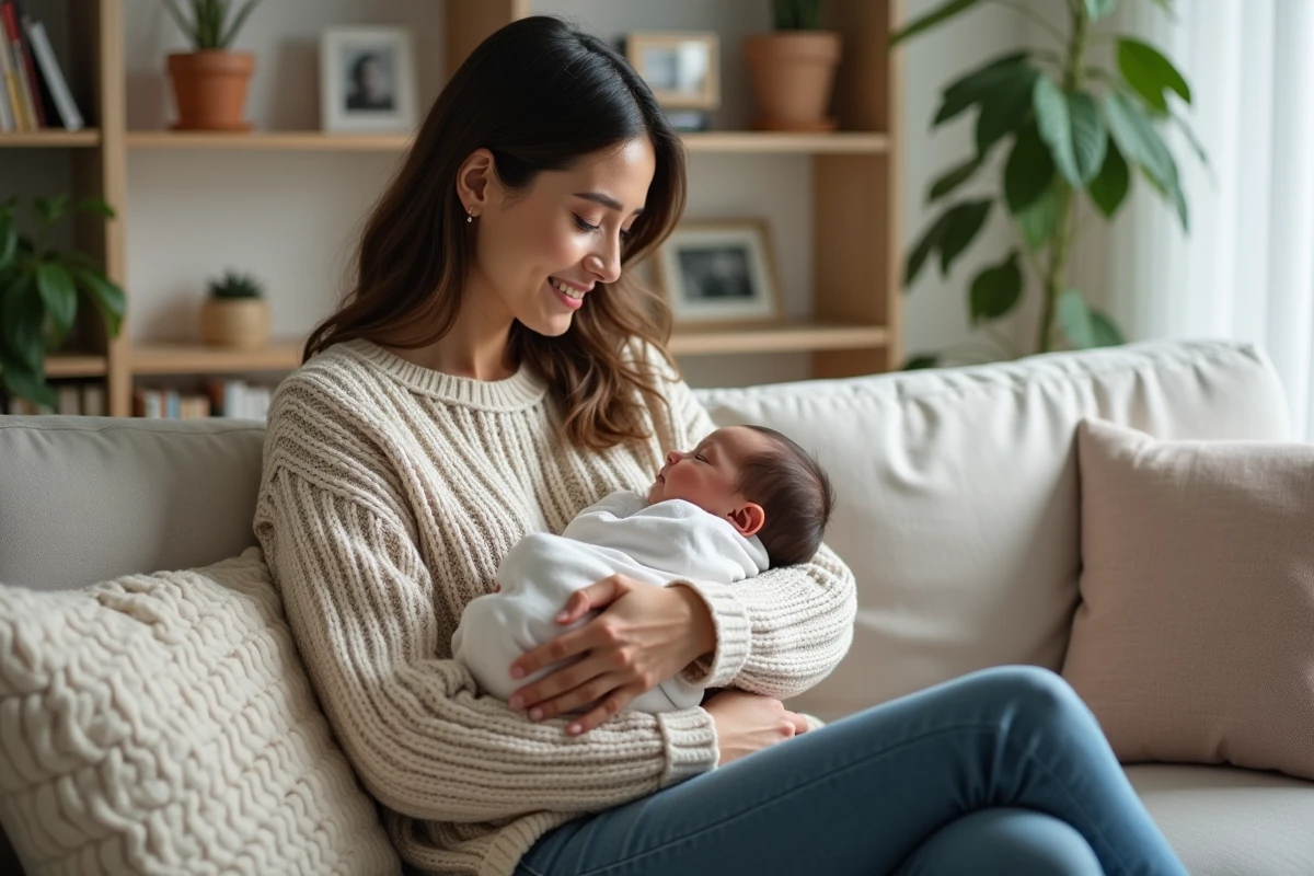 Femme souriante avec bébé dans un salon chaleureux