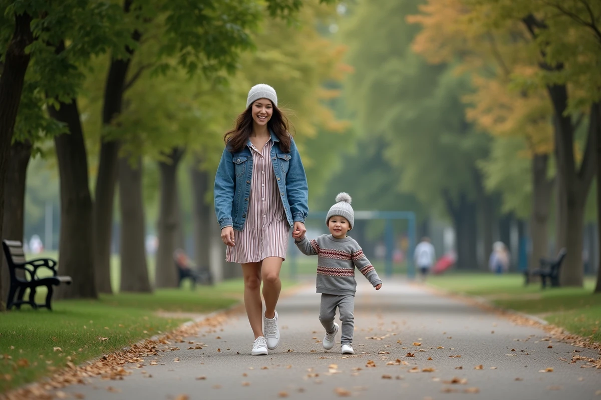 Mère et enfant marchant dans un parc urbain ensoleille