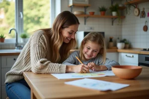Maman et fille dessinant ensemble à la cuisine chaleureuse