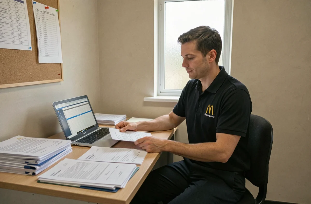 Manager McDonald's consultant des documents salariaux dans un bureau interne, symbolisant la gestion des grilles de salaires et des évolutions de carrière