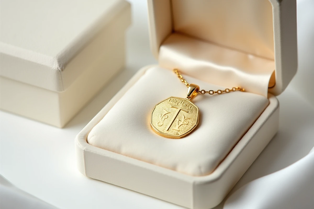 Médaille de baptême en or gravée avec une croix et des initiales, posée sur un écrin en velours blanc avec une chaîne en or délicate