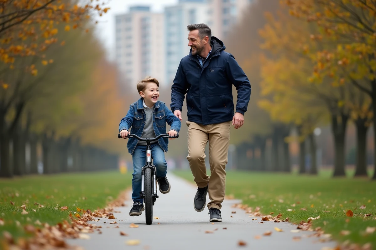 Père guidant son fils à vélo dans un parc urbain en automne