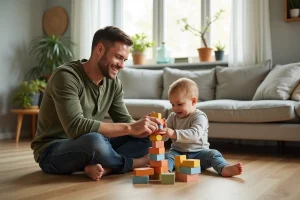 Papa moderne assis par terre avec son tout-petit, jouant aux blocs en bois dans un salon scandinave chaleureux