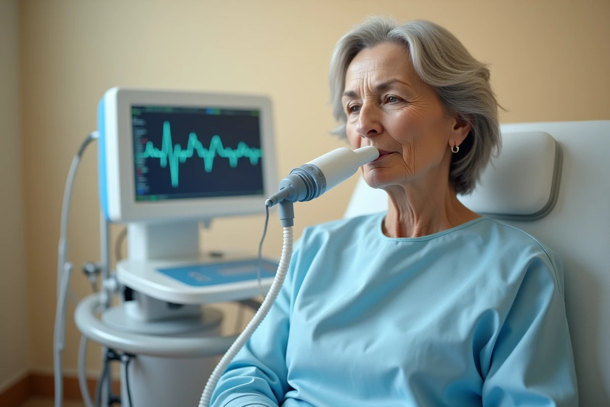 Patiente réalisant un test de spirométrie pour évaluer la fonction pulmonaire dans un centre médical