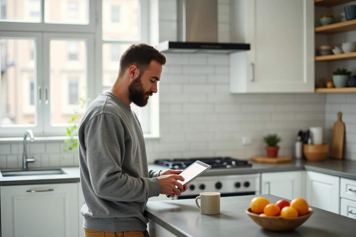 Père moderne lisant des conseils parentaux sur tablette dans une cuisine contemporaine lumineuse