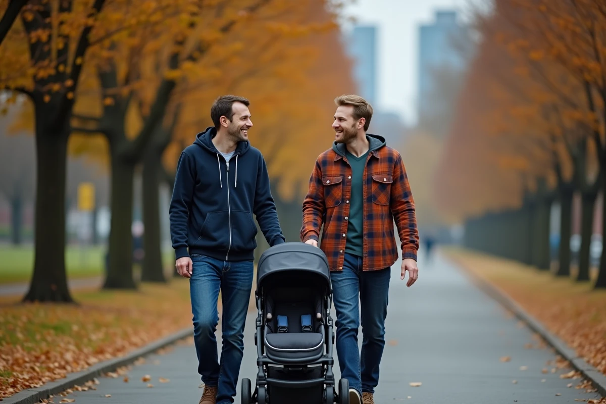 Deux pères modernes promenant leurs enfants en poussette double dans un parc urbain en automne