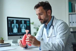Pneumologue examinant un modèle anatomique des poumons dans un cabinet médical moderne en 2025