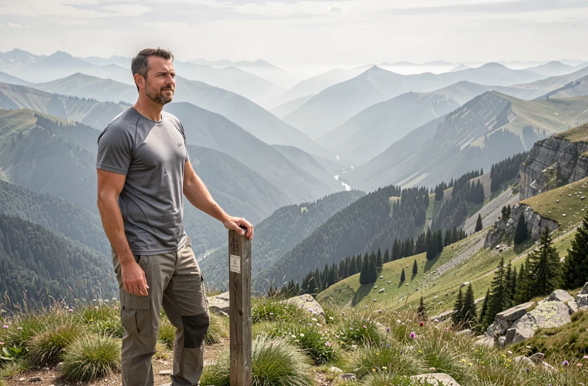 Randonneur au sommet d'un panorama montagneux avec vallée et crêtes boisées s'étendant à l'horizon
