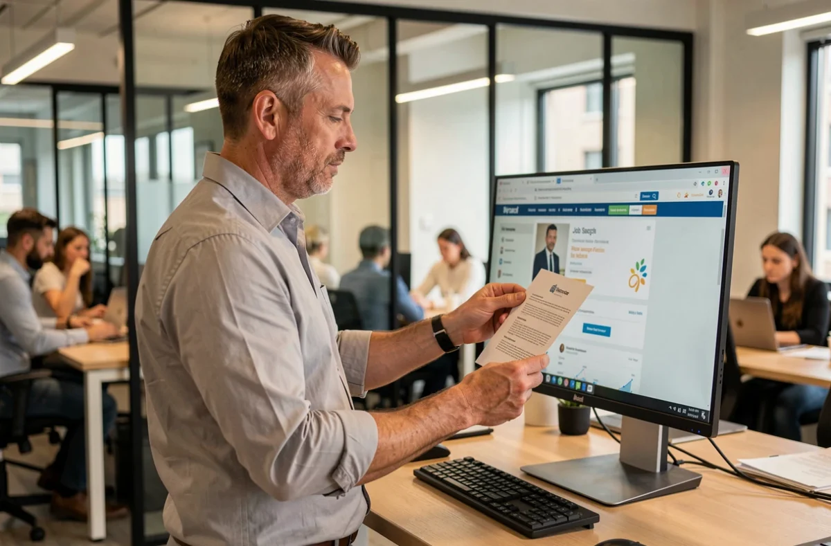 Homme cadre consultant un site de recherche d'emploi généraliste dans un espace de coworking moderne tout en tenant son CV imprimé