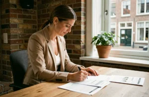 Femme consultant des annonces immobilières dans un bureau à domicile en Belgique