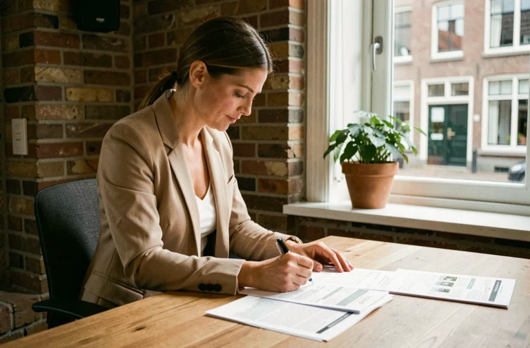 Femme consultant des annonces immobilières dans un bureau à domicile en Belgique