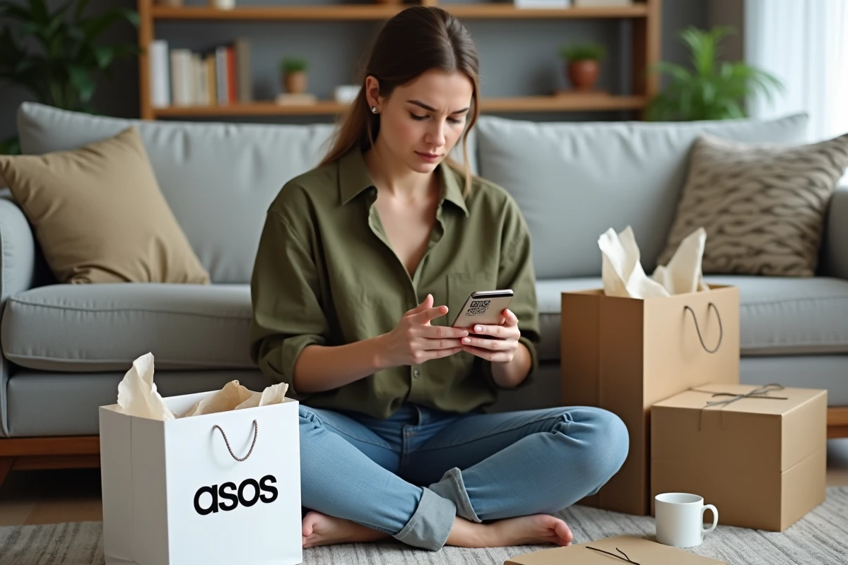 Femme scannant un QR code sur un article Asos pour vérifier son authenticité lors d'une livraison