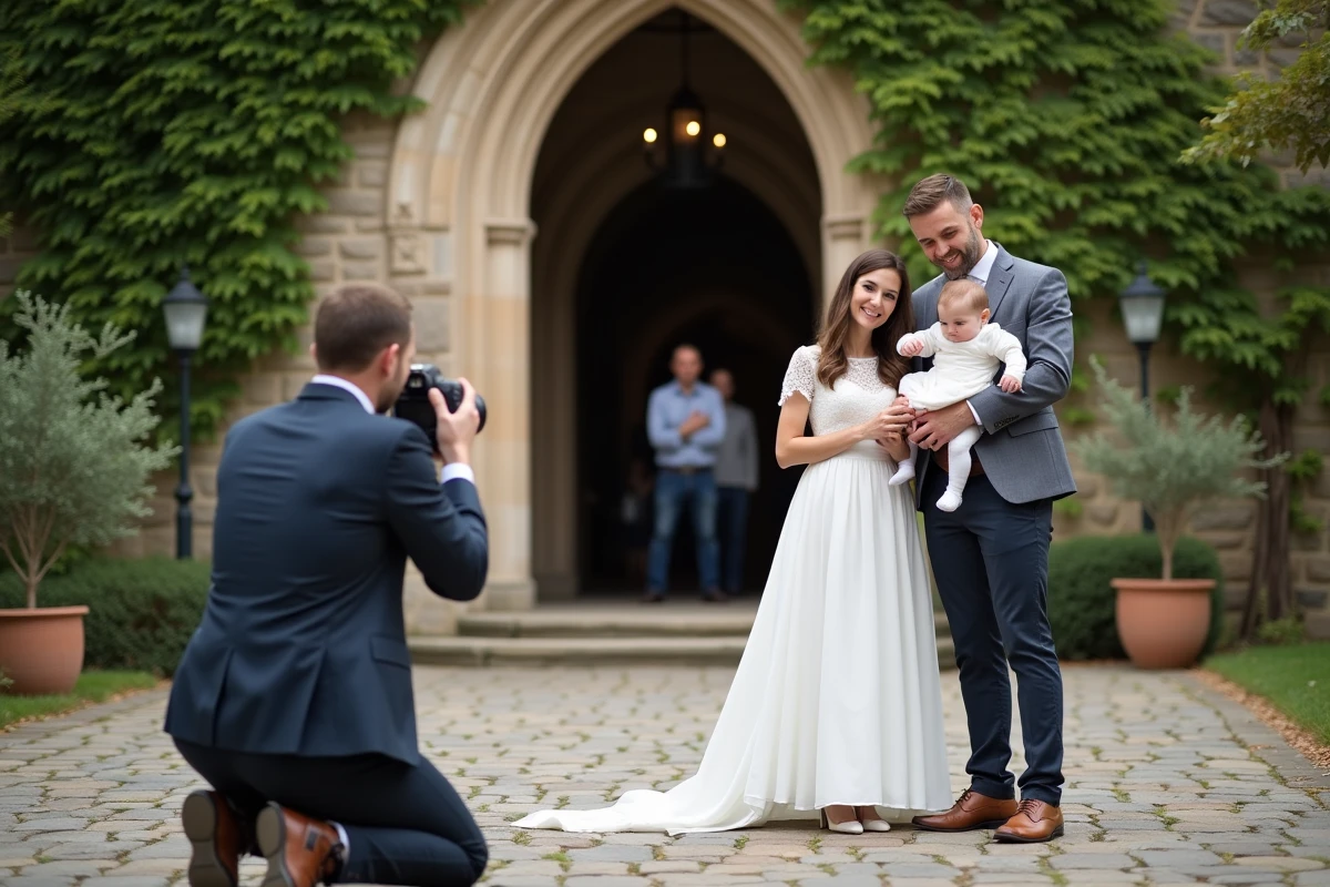 Photographe professionnel prenant en photo une famille avec un bébé en robe de baptême devant l'entrée d'une église en pierre