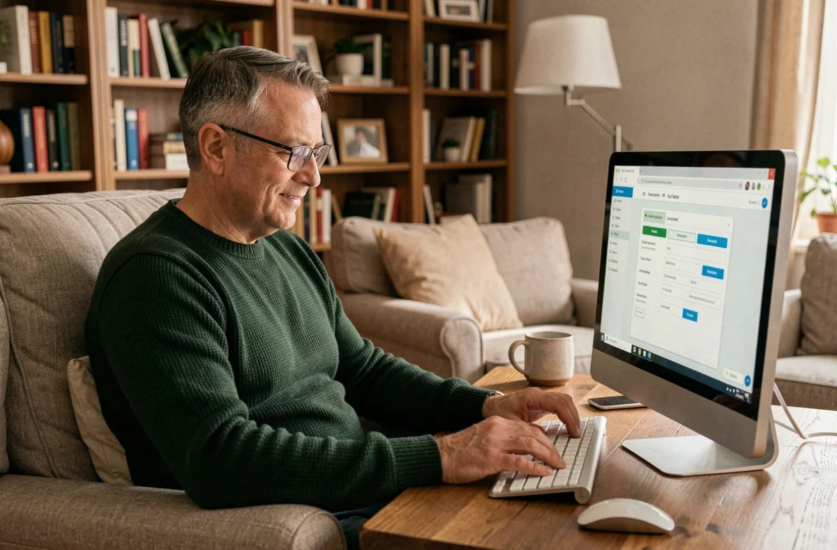 Homme senior consultant son espace client en ligne sur un ordinateur de bureau dans un salon confortable