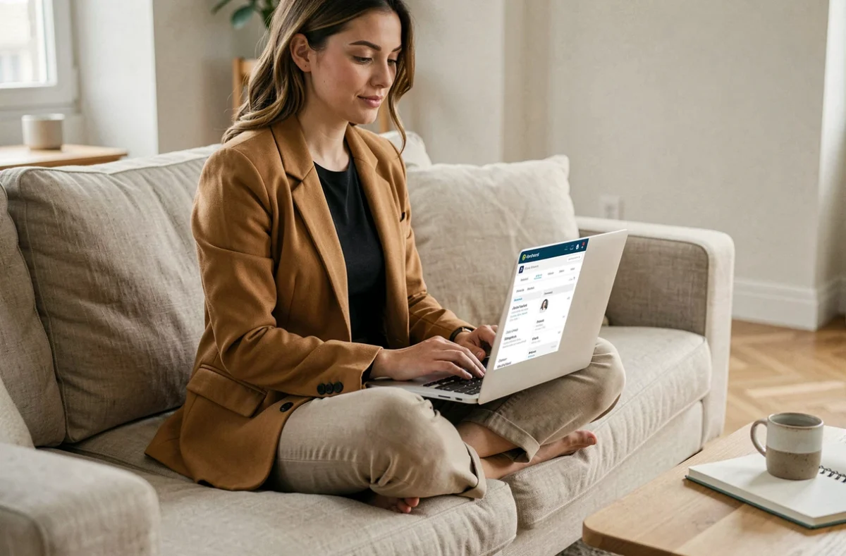 Jeune femme en reconversion professionnelle consultant un site d'emploi spécialisé sur son ordinateur portable depuis son salon