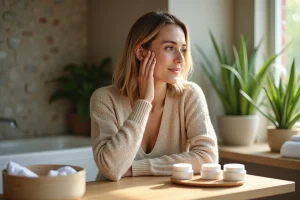 Femme appliquant une creme visage dans un cadre naturel